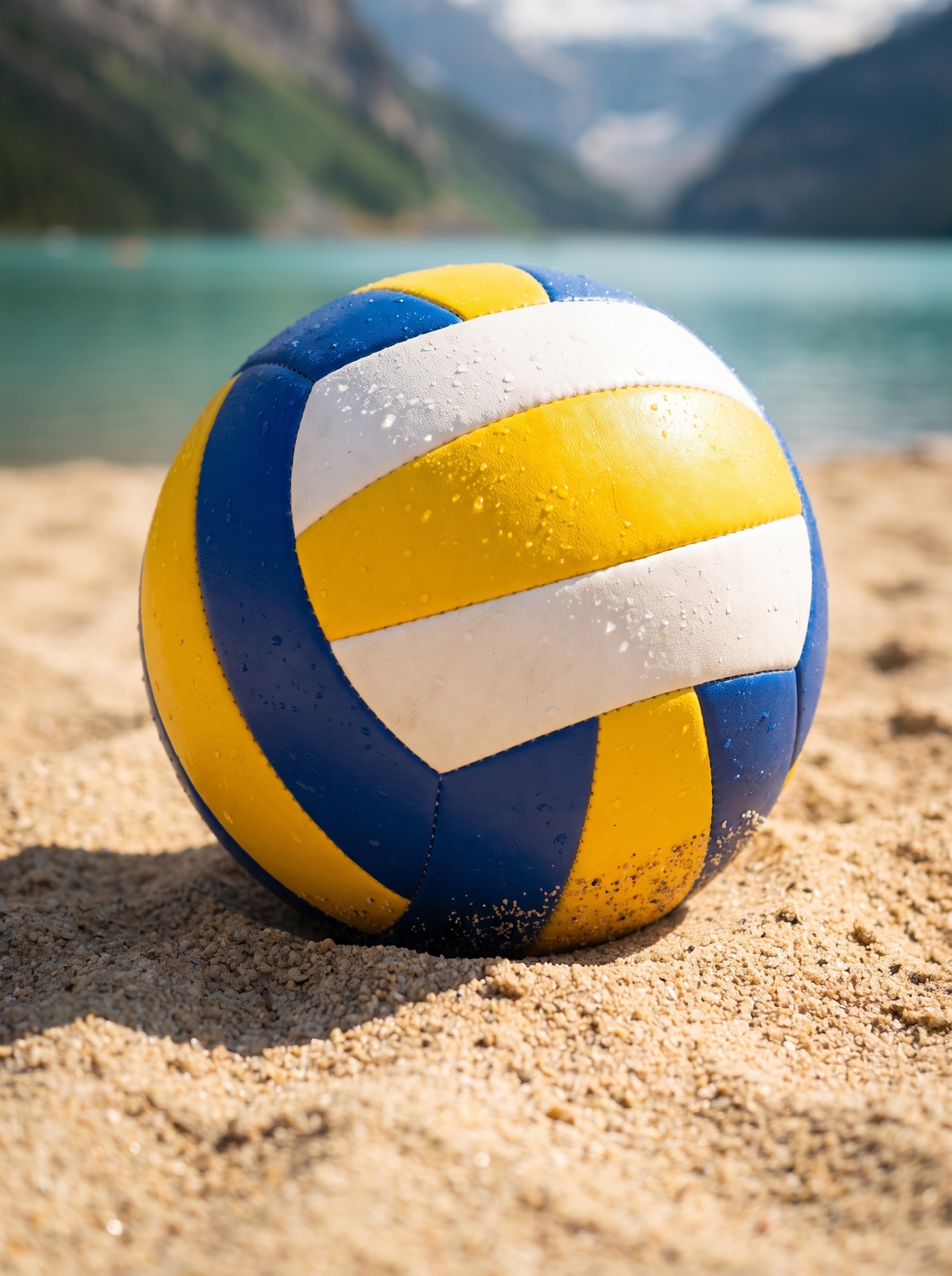 Gelb-blauer Beachvolleyball im warmen Sand, dahinter der türkise See