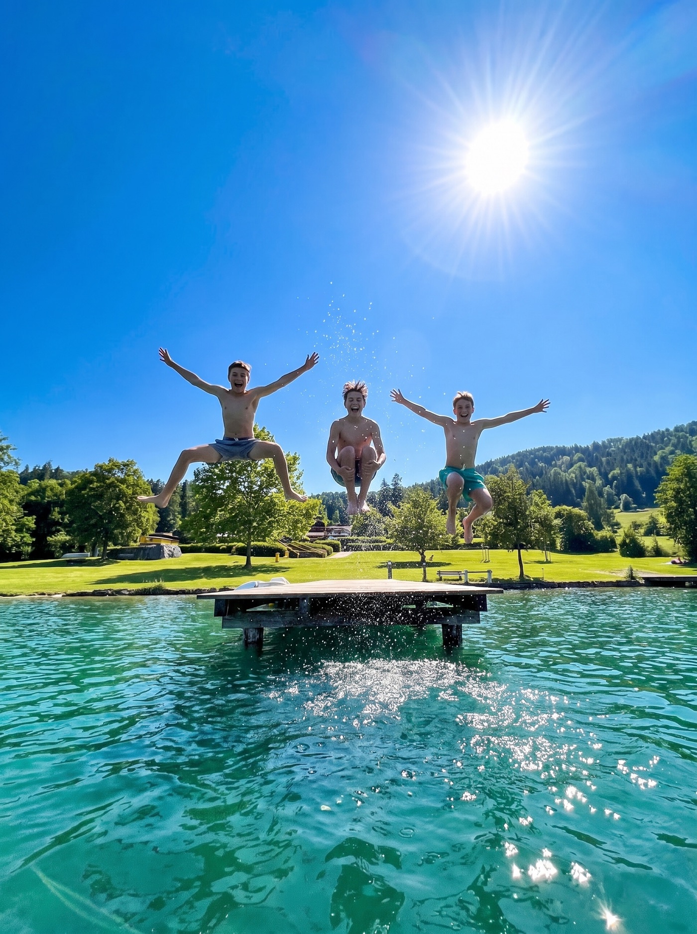 Jugendliche springen vom Badesteg in den türkisen Klopeiner See